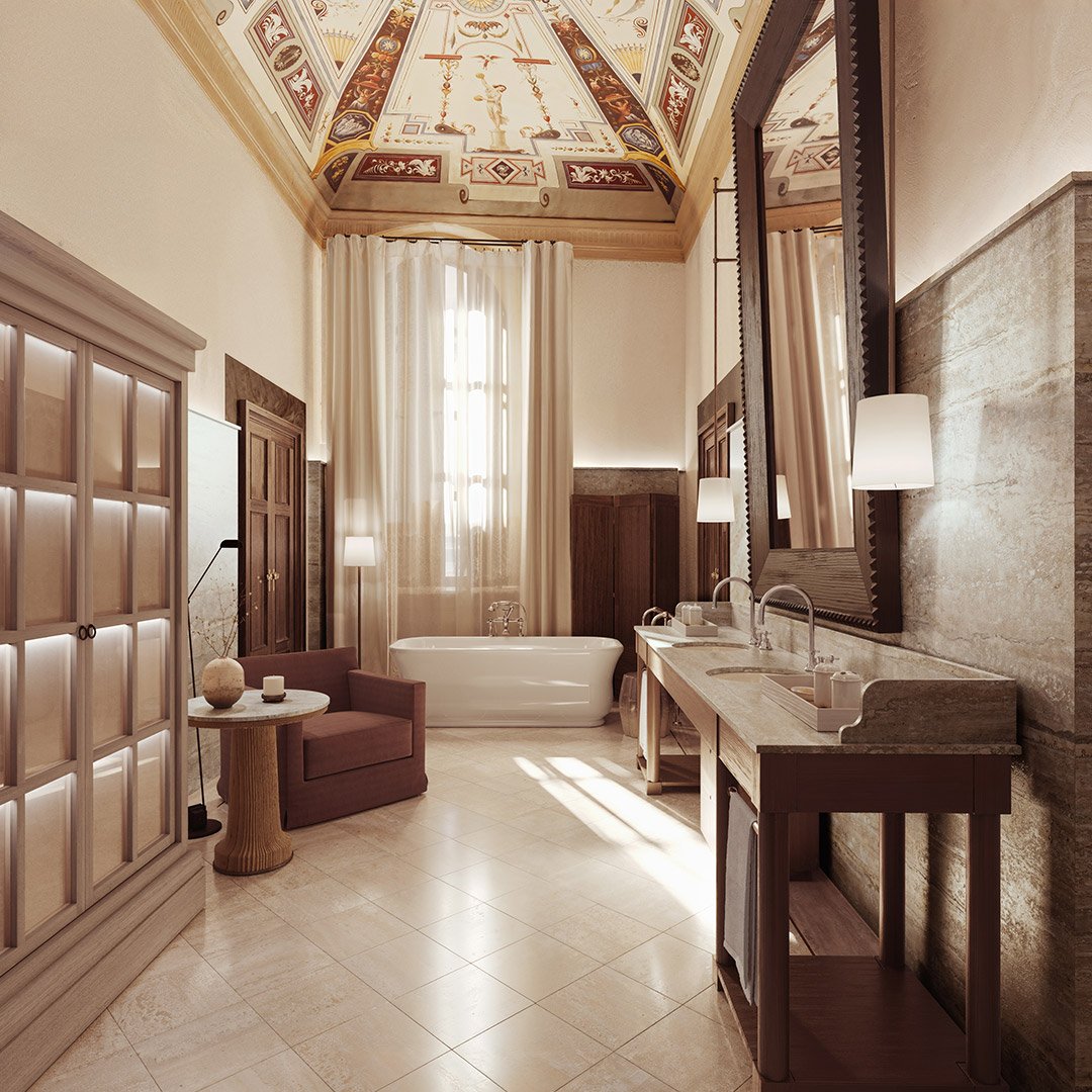 An opulent master bathroom at La Réserve Firenze with custom marble finishes, a walk-in rain shower, and a minimalist design aesthetic.