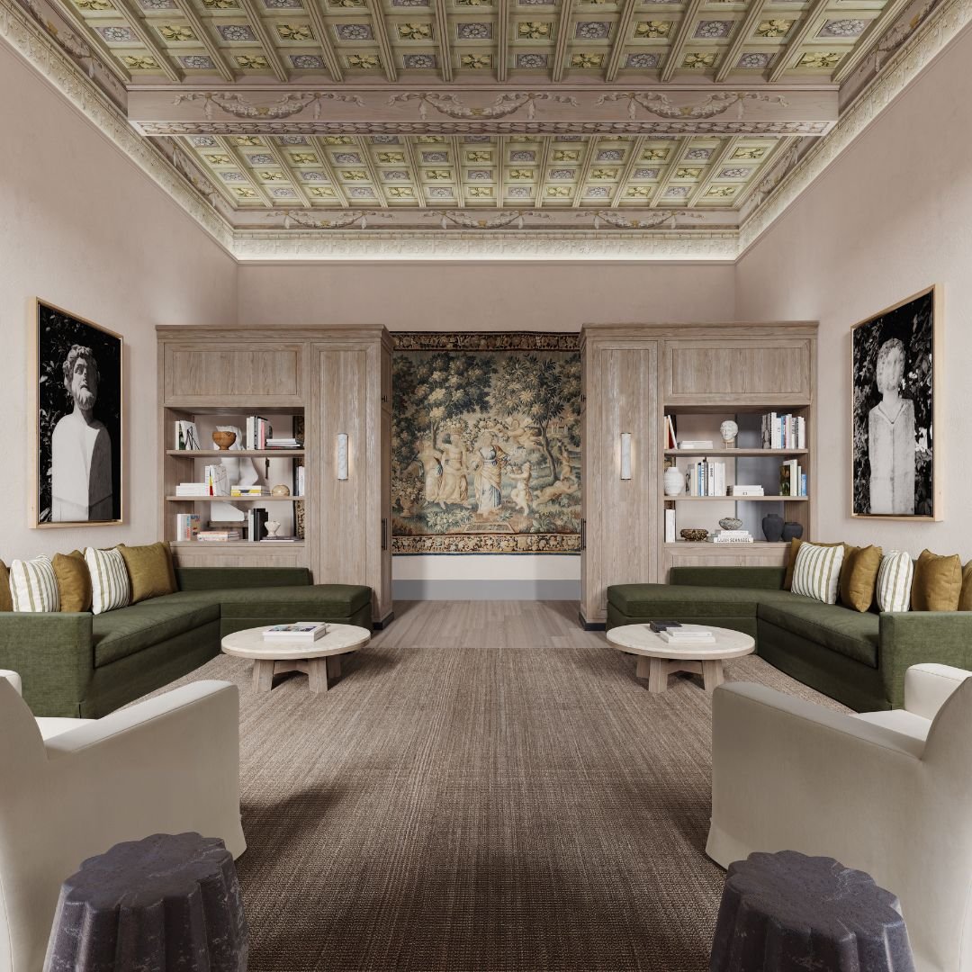 A spacious luxury living room at La Réserve Firenze featuring high ceilings, Siena travertine accents, and contemporary Italian furniture designed by Gilles & Boissier.